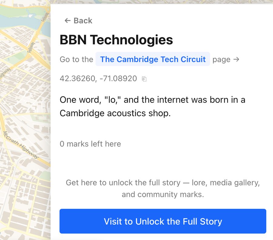 Heddlepin pin detail — arrival-unlock teaser over a Boston map